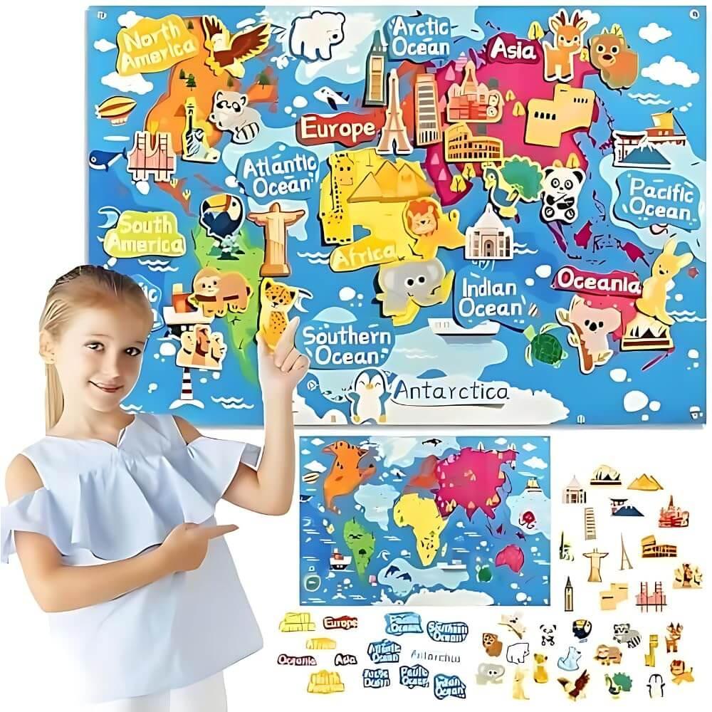 Turtlebee Little Explorer- World Map Board with stickers | Age 2-6 years | Montessori Toys, interactive felt map with stickers.