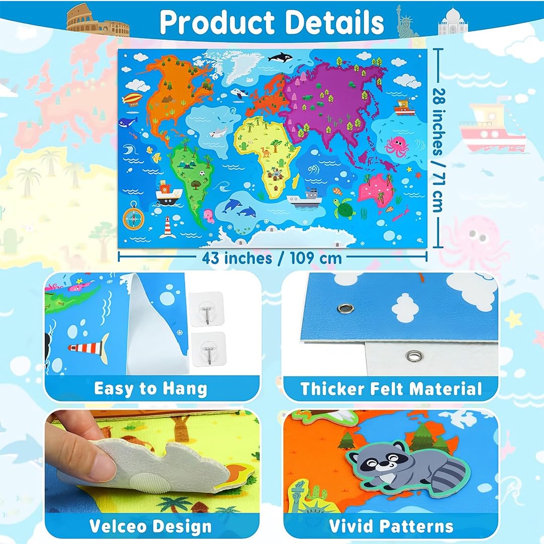 Turtlebee Little Explorer- World Map Board with stickers | Age 2-6 years | Montessori Toys
