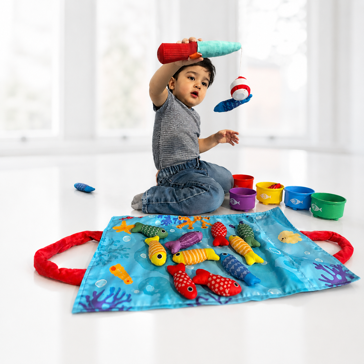 TurtleBee Catch & Count Montessori fishing game for toddlers, featuring colorful toy fishing rods and magnetic fish for learning fun.