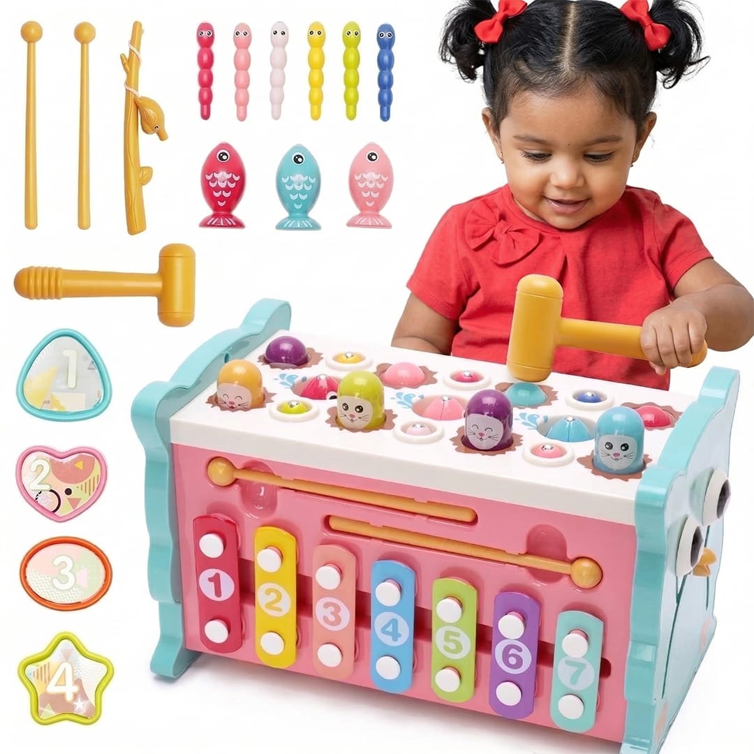 TurtleBee 8-in-1 Montessori activity cube for toddlers with shape sorter, clock, xylophone, and hammering games for early learning.