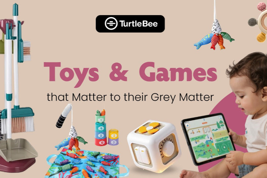 TurtleBee toys and games with a child playing on a tablet, on a beige background.