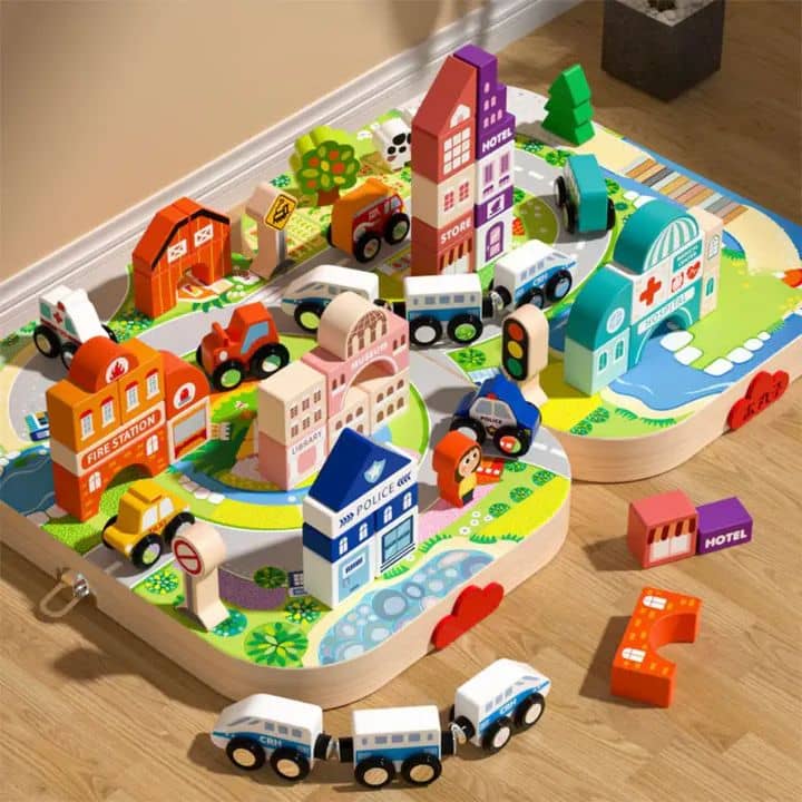 TurtleBee Wooden City building Set with colorful wooden blocks including fire station police station hospital and vehicles