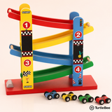 Wooden Ramp Racer Car Set for Kids – 4 Level Ramp with 4 Cars