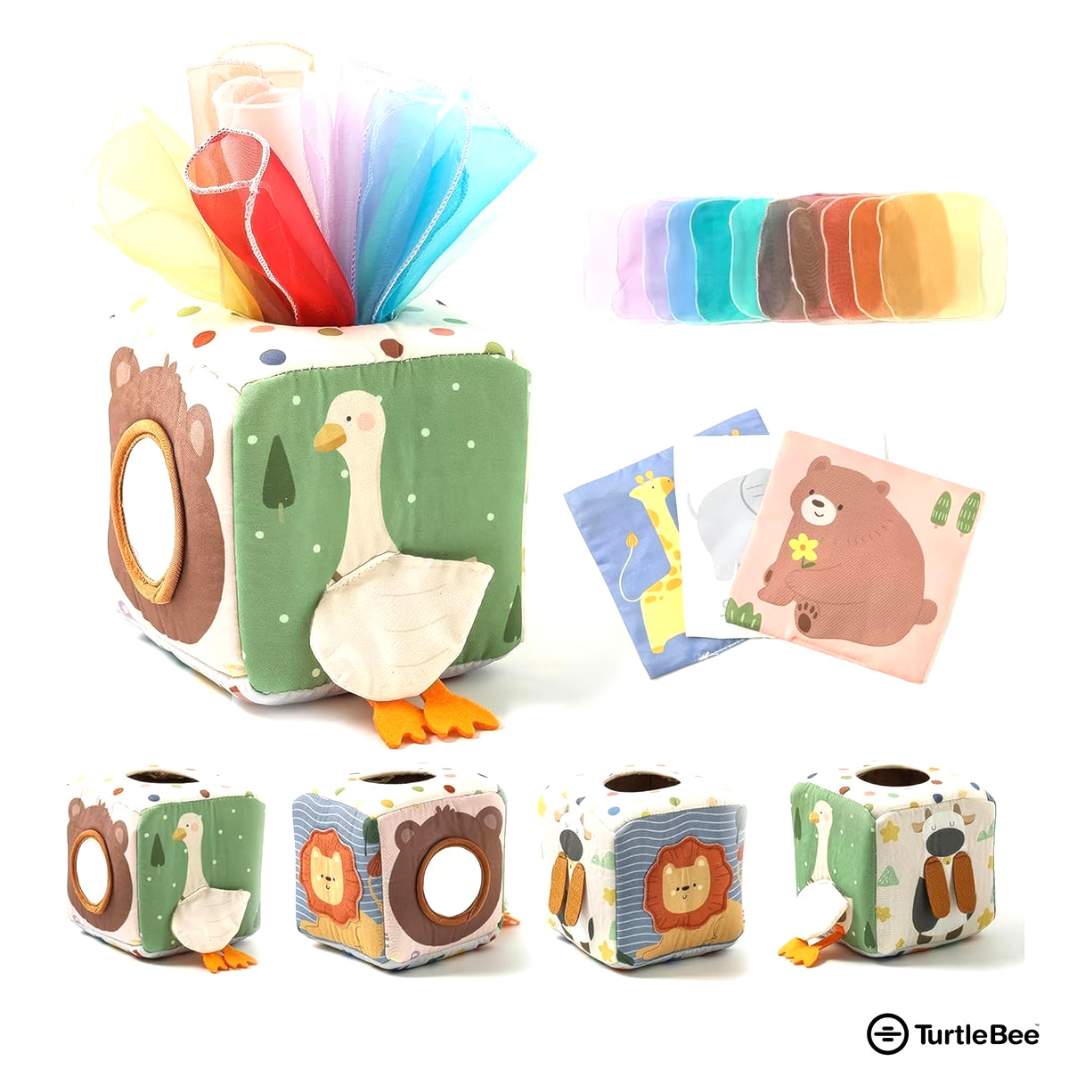Soft TurtleBee sensory tissue box toy for babies, featuring colorful, textured fabric designed to stimulate and soothe little hands.