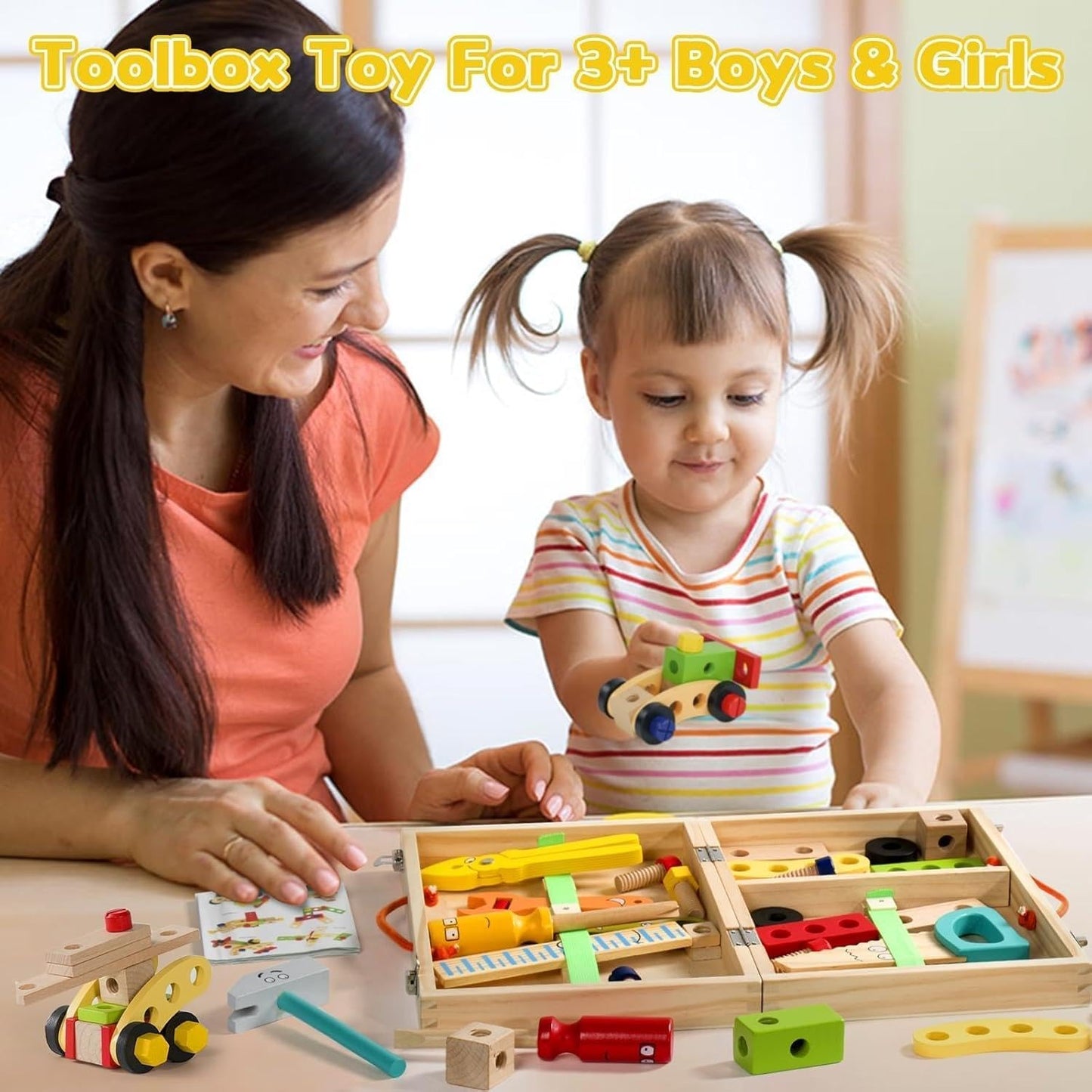 34-Piece Wooden Tool Set with Storage Box TurtleBee