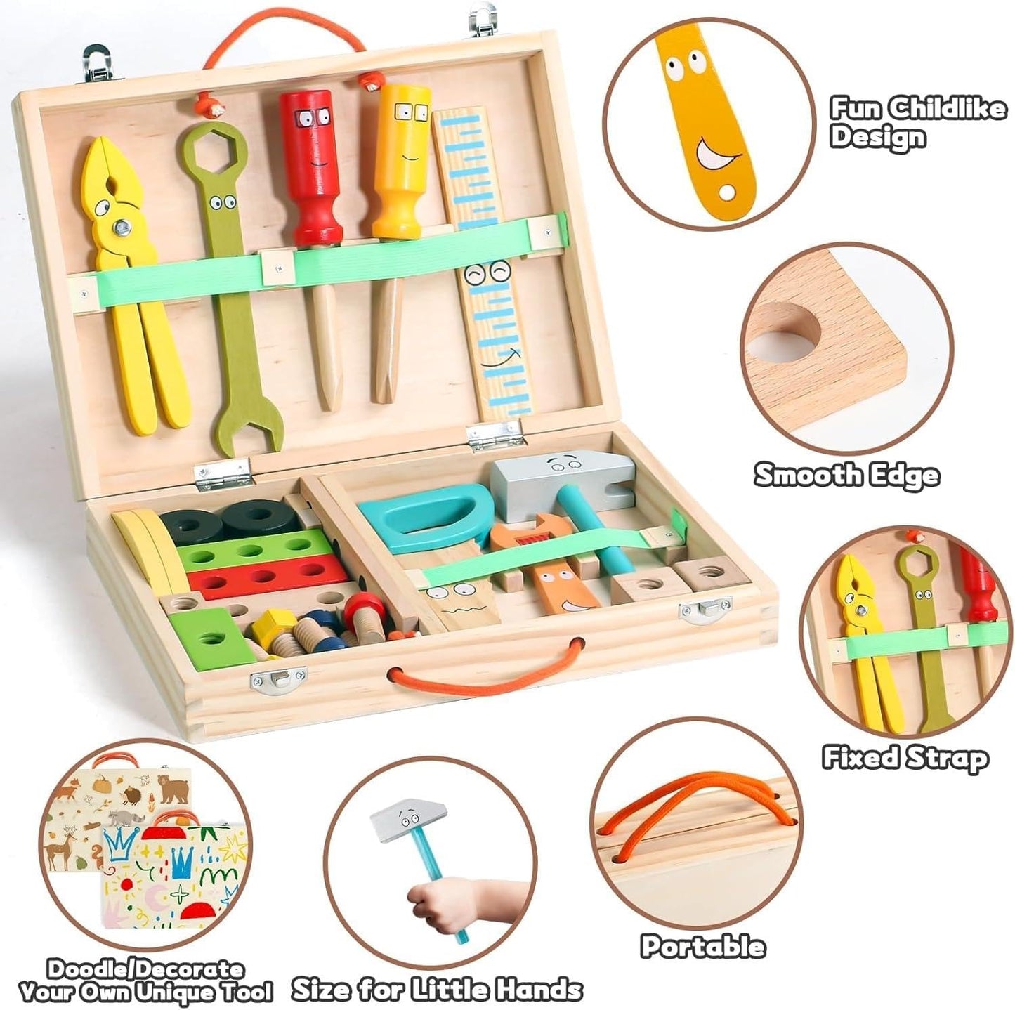 34-Piece Wooden Tool Set with Storage Box TurtleBee