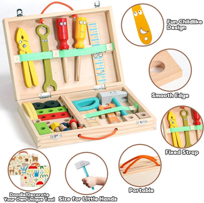 34-Piece Wooden Tool Set with Storage Box TurtleBee