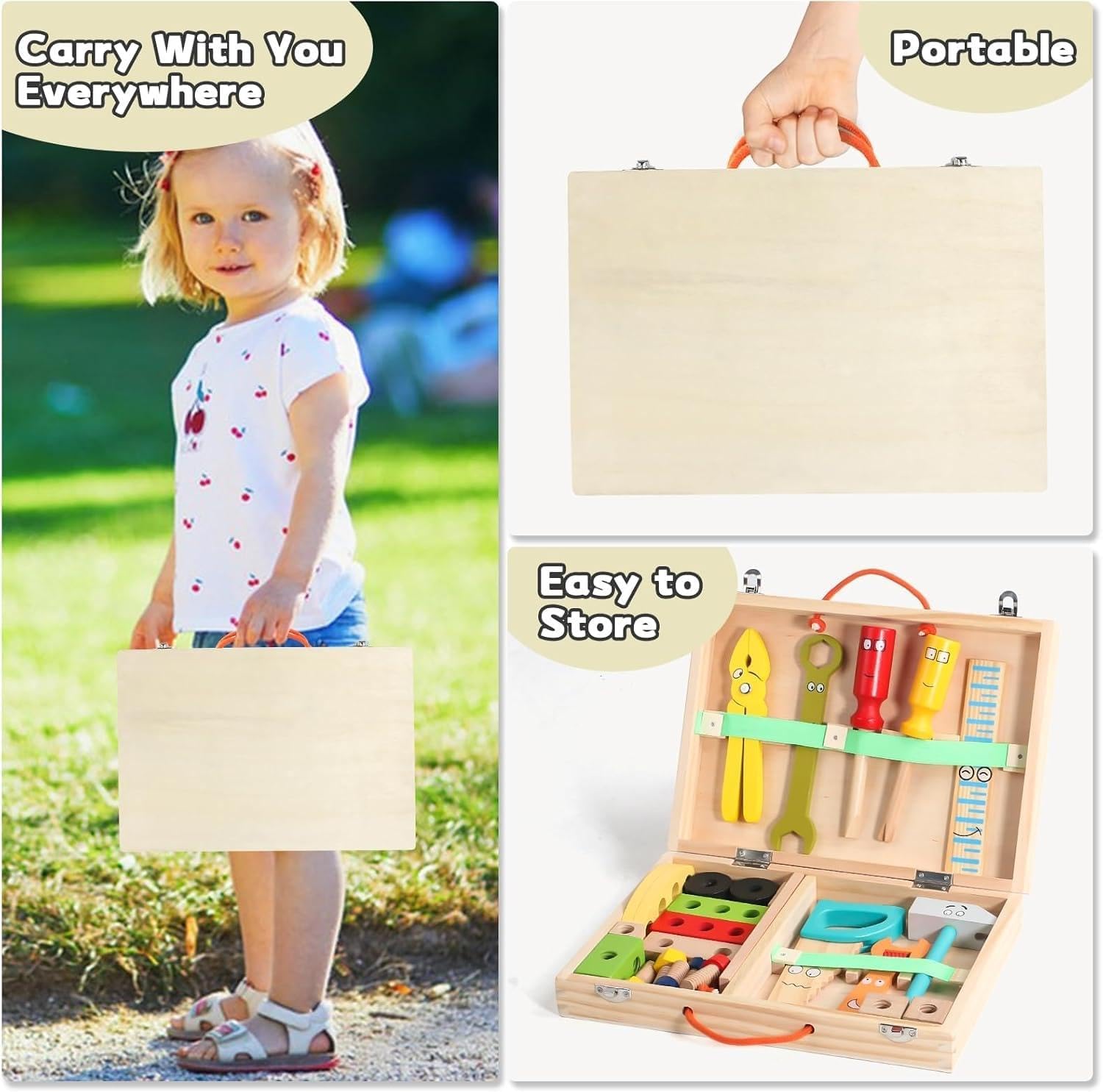 34-Piece Wooden Tool Set with Storage Box TurtleBee