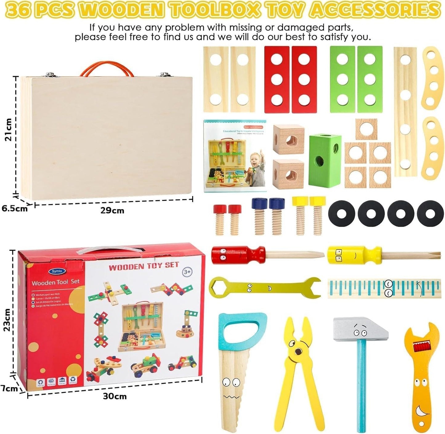34-Piece Wooden Tool Set with Storage Box TurtleBee
