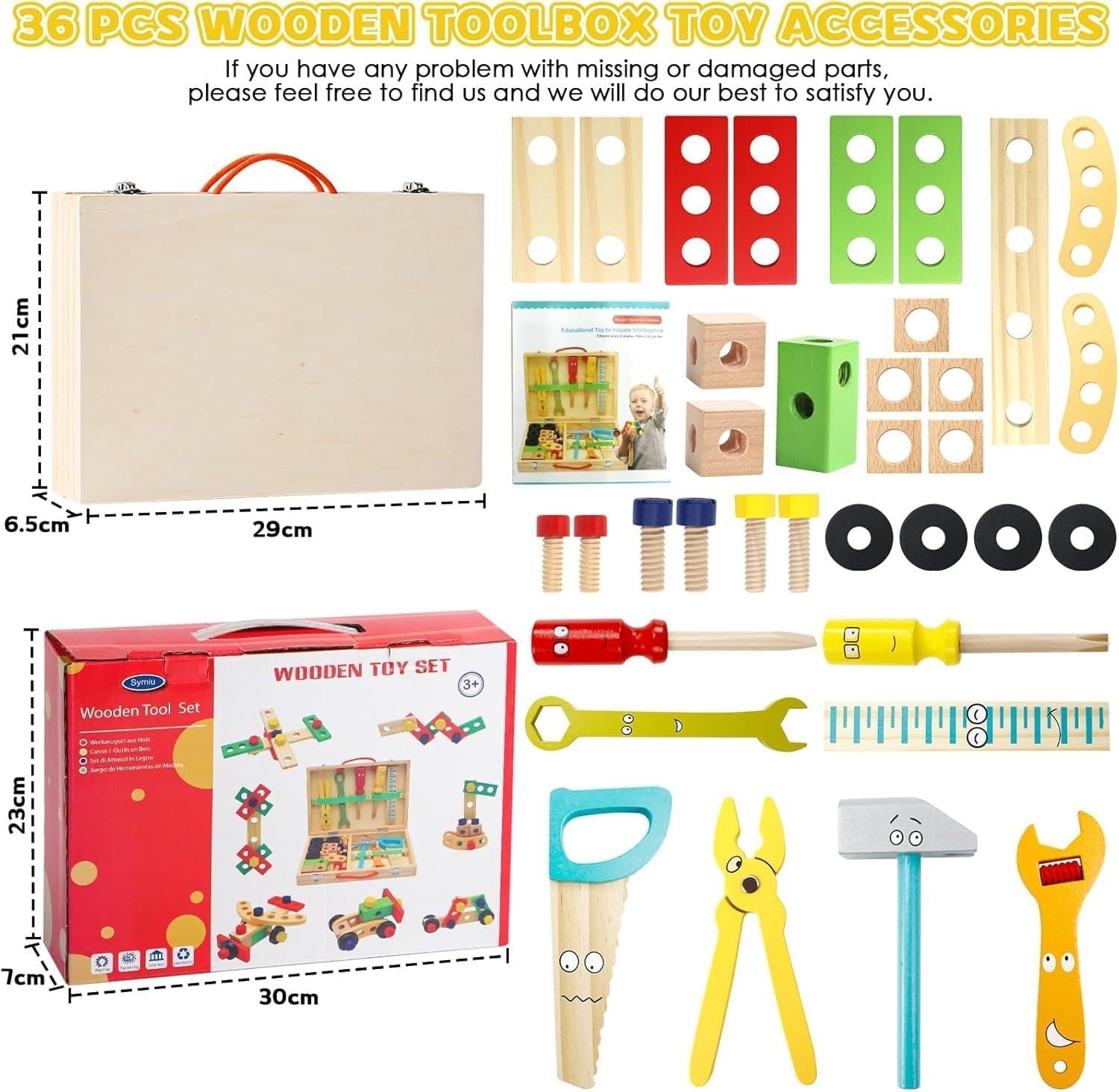 34-Piece Wooden Tool Set with Storage Box TurtleBee