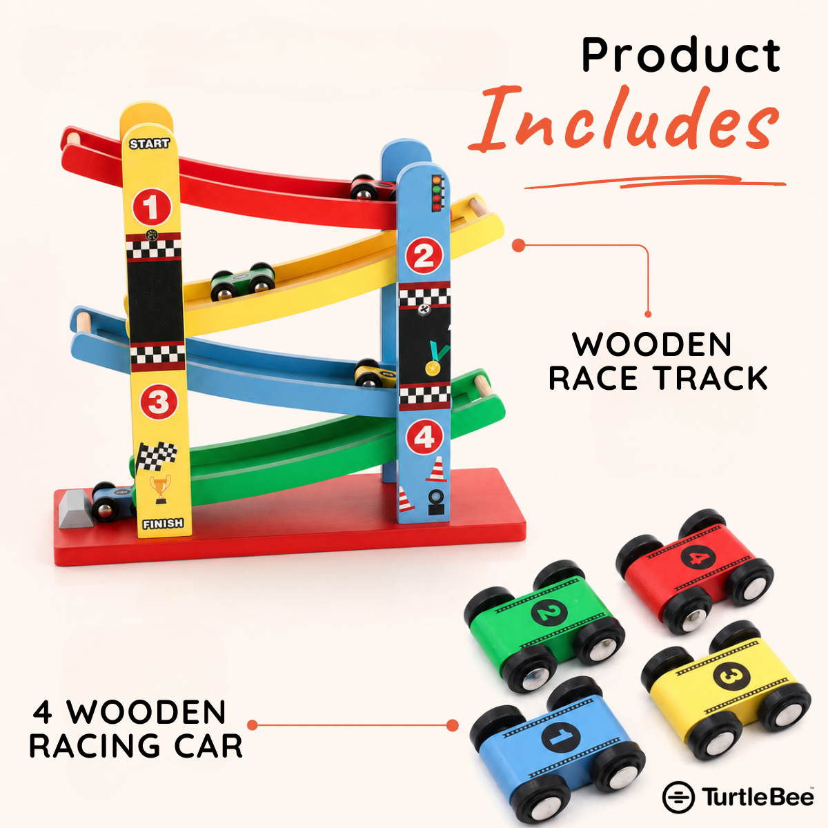 Wooden Ramp Racer Car Set for Kids – 4 Level Ramp with 4 Cars