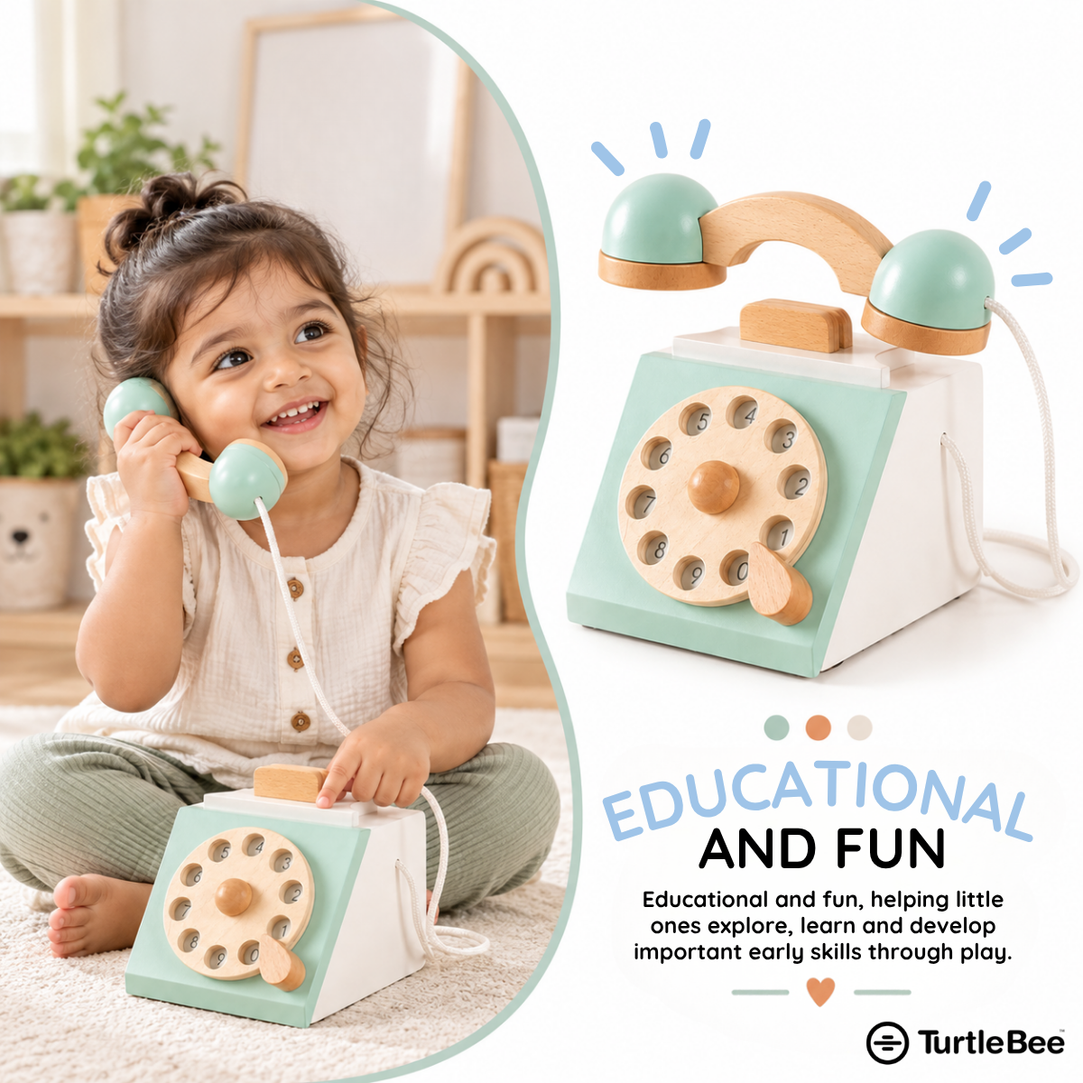 Wooden Style Retro Rotary Telephone Toy TurtleBee