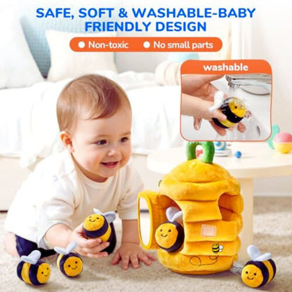 TurtleBee Feel & Find Sensory Beehive Toys 6-12 Months - Soft Baby Beehive with 5 Sensory Bees - Rattle, Crinkle Paper, Squeaker, Mirror, Busy Montessori Soft Toys for Toddlers 0-3 Years Old