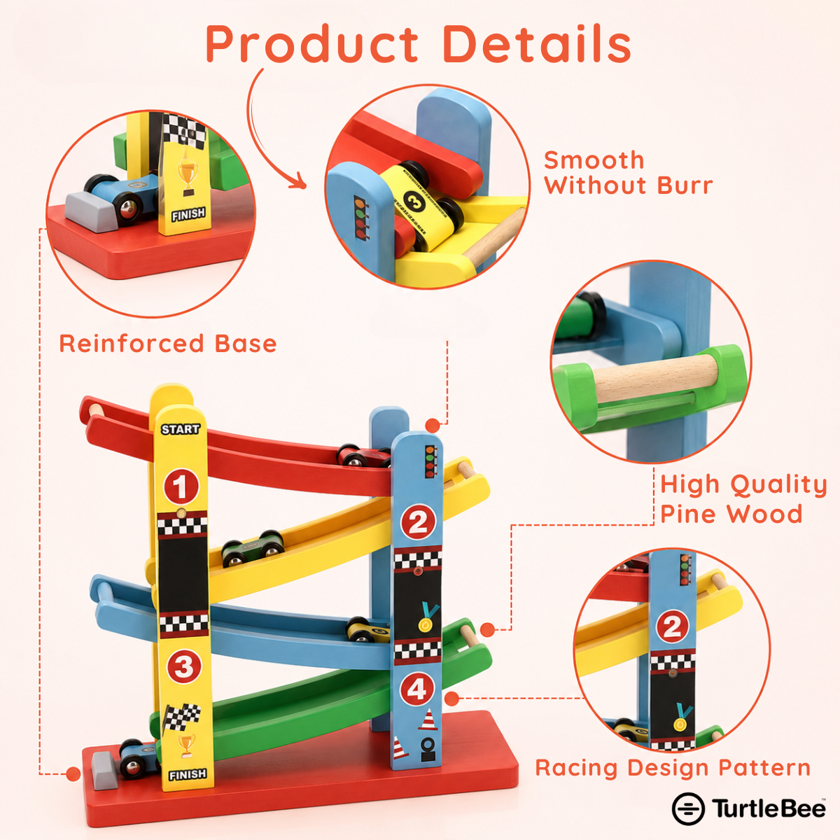 Wooden Ramp Racer Car Set for Kids – 4 Level Ramp with 4 Cars