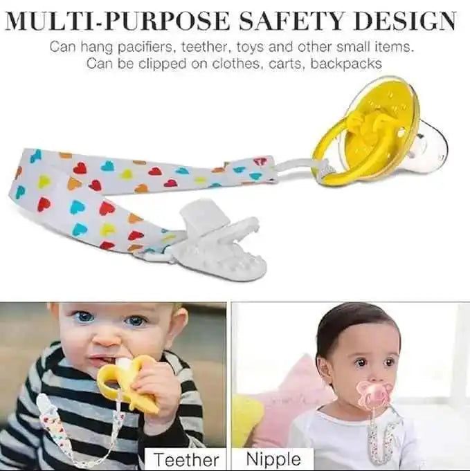 Baby pacifier clip with colorful heart pattern strap, shown holding pacifier and teether, for kids.