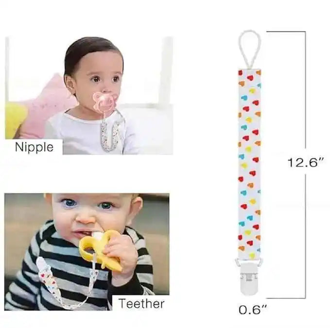 Pacifier and teether clip strap with heart pattern, shown used by babies, 12.6 inch length