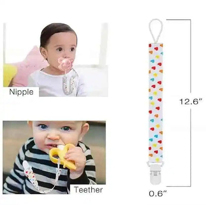 Pacifier and teether clip strap with heart pattern, shown used by babies, 12.6 inch length
