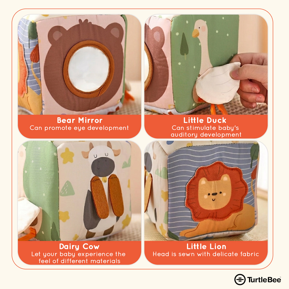 TurtleBee sensory tissue box toy for babies, featuring soft, colorful fabric with textured surfaces for tactile exploration.