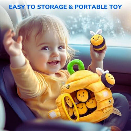 TurtleBee Feel & Find Sensory Beehive Toys 6-12 Months - Soft Baby Beehive with 5 Sensory Bees - Rattle, Crinkle Paper, Squeaker, Mirror, Busy Montessori Soft Toys for Toddlers 0-3 Years Old