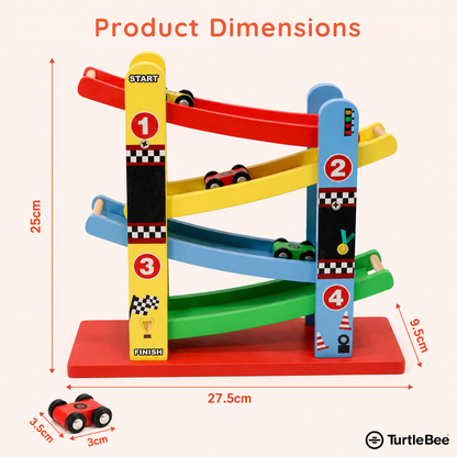 Wooden Ramp Racer Car Set for Kids – 4 Level Ramp with 4 Cars