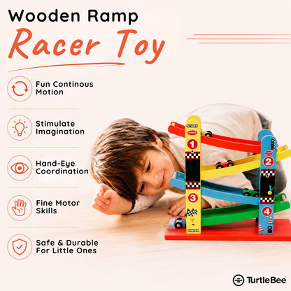 Wooden Ramp Racer Car Set for Kids – 4 Level Ramp with 4 Cars