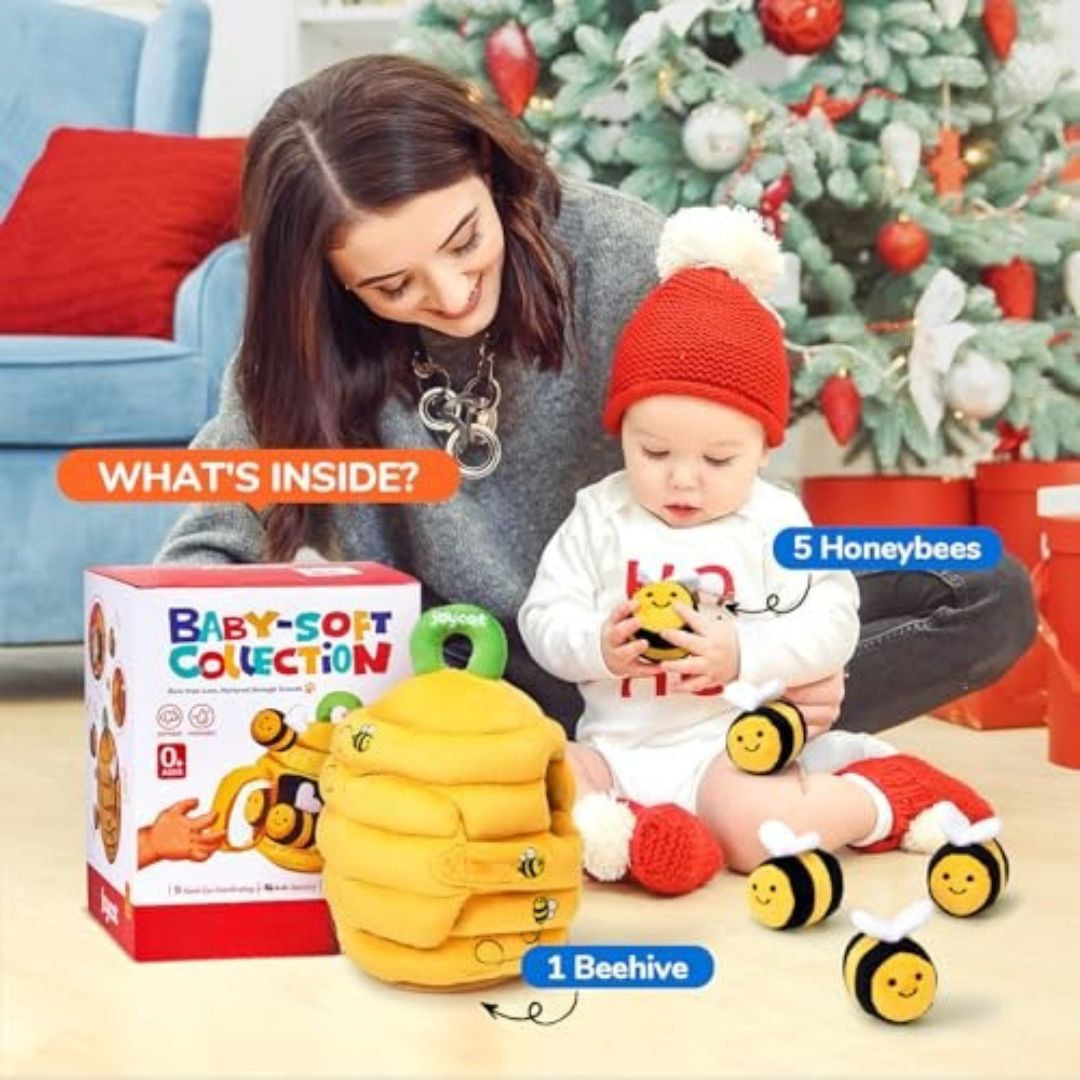 TurtleBee Feel & Find Sensory Beehive Toys 6-12 Months - Soft Baby Beehive with 5 Sensory Bees - Rattle, Crinkle Paper, Squeaker, Mirror, Busy Montessori Soft Toys for Toddlers 0-3 Years Old