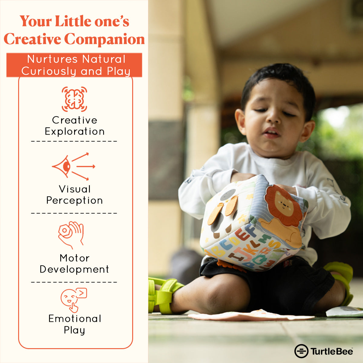 TurtleBee Baby Sensory Tissue Box Toy with soft, colorful fabric and textured surfaces for tactile exploration and sensory development.