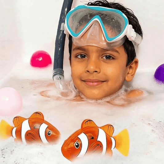Two colorful orange TurtleBee robotic swimming fish toys in water, demonstrating fun aquarium decoration for all ages.