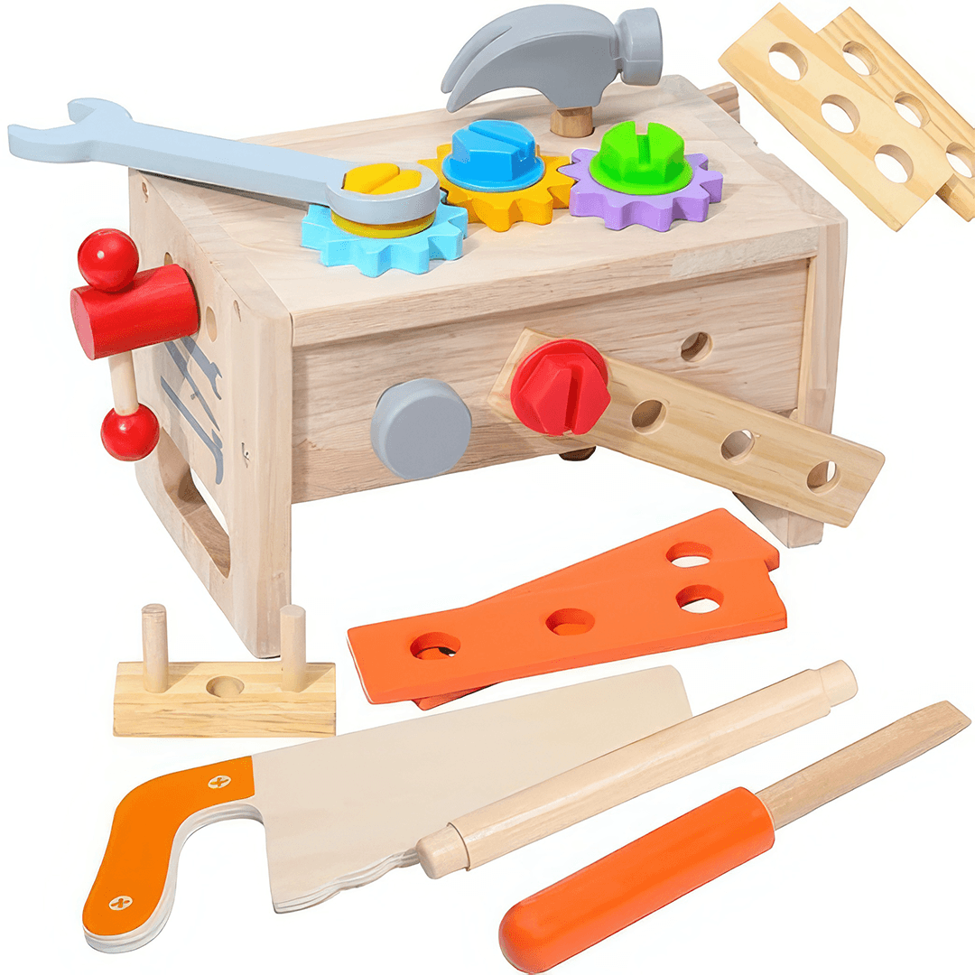 TurtleBee 29-piece pretend play bench tool box set with colorful toy tools for kids, toddlers, and STEM educational fun.