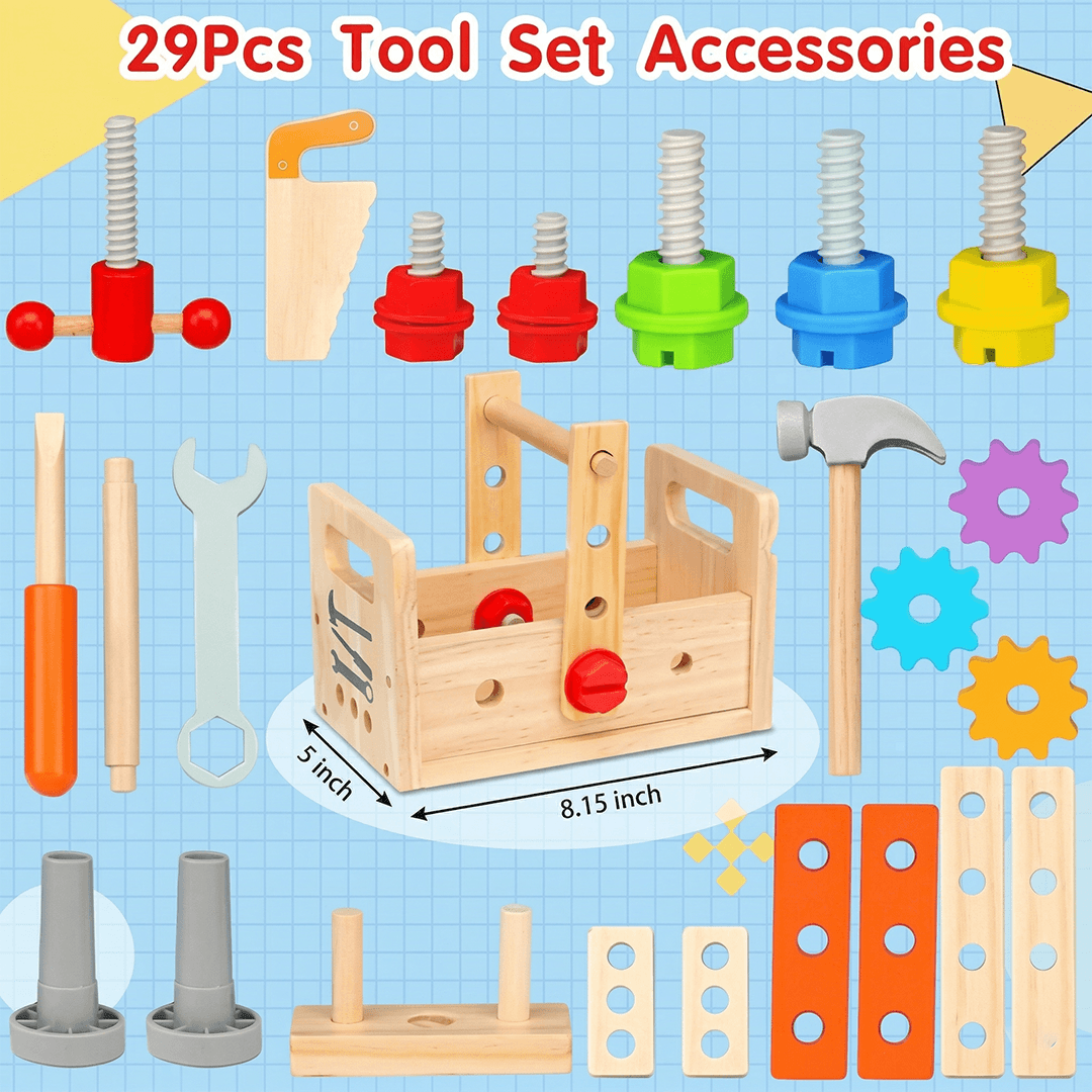 TurtleBee 29-piece pretend play bench tool box set with colorful toy construction tools for kids and toddlers.
