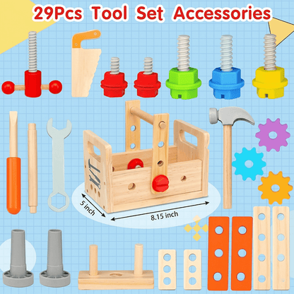 TurtleBee 29-piece pretend play bench tool box set with colorful toy construction tools for kids and toddlers.
