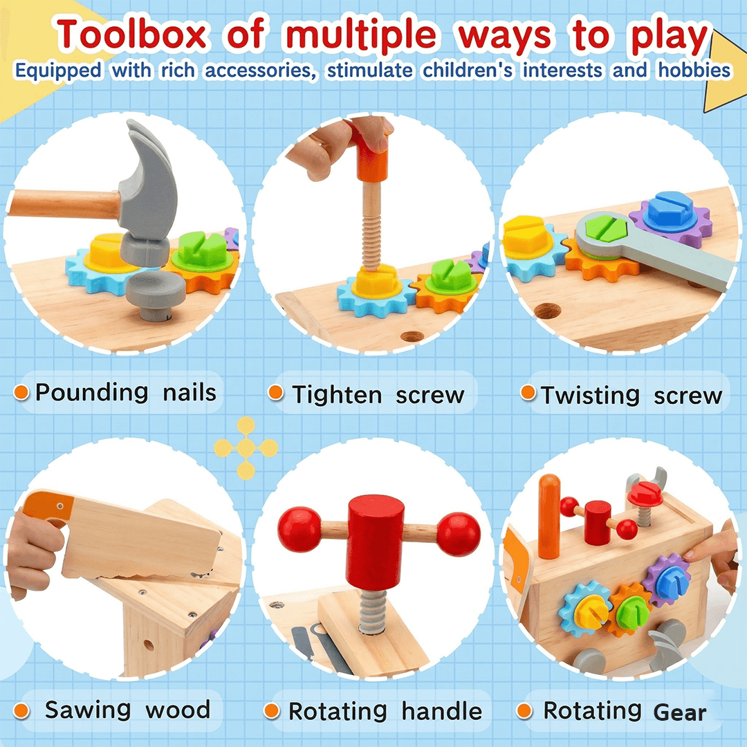 TurtleBee 29-piece bench tool box set with pretend construction tools for kids, STEM educational toy for toddlers and 4-year-olds