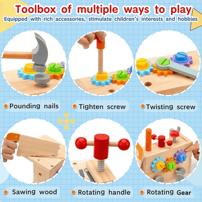 TurtleBee 29-piece bench tool box set with pretend construction tools for kids, STEM educational toy for toddlers and 4-year-olds