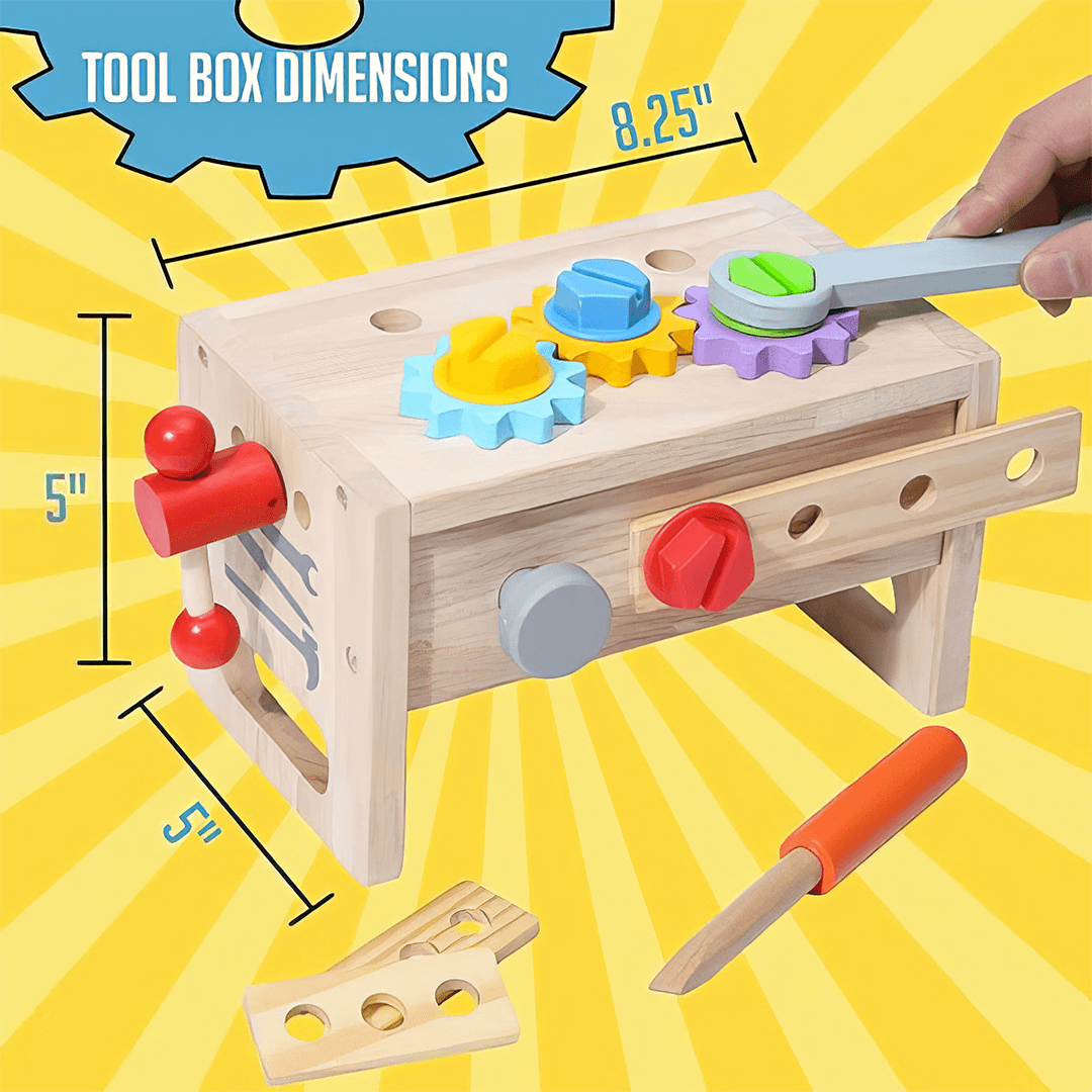 TurtleBee 29-piece pretend play bench tool box set with colorful toy construction tools for kids and toddlers.