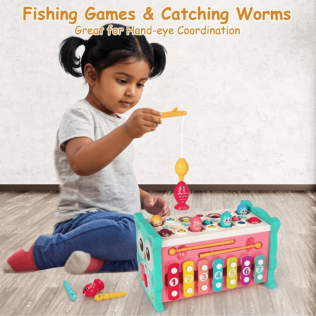 TurtleBee 8-in-1 Montessori toddler activity cube with whack-a-mole, shape sorter, xylophone, clock, and fishing game for kids 1-3.