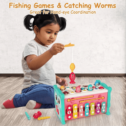 TurtleBee 8-in-1 Montessori toddler activity cube with whack-a-mole, shape sorter, xylophone, clock, and fishing game for kids 1-3.