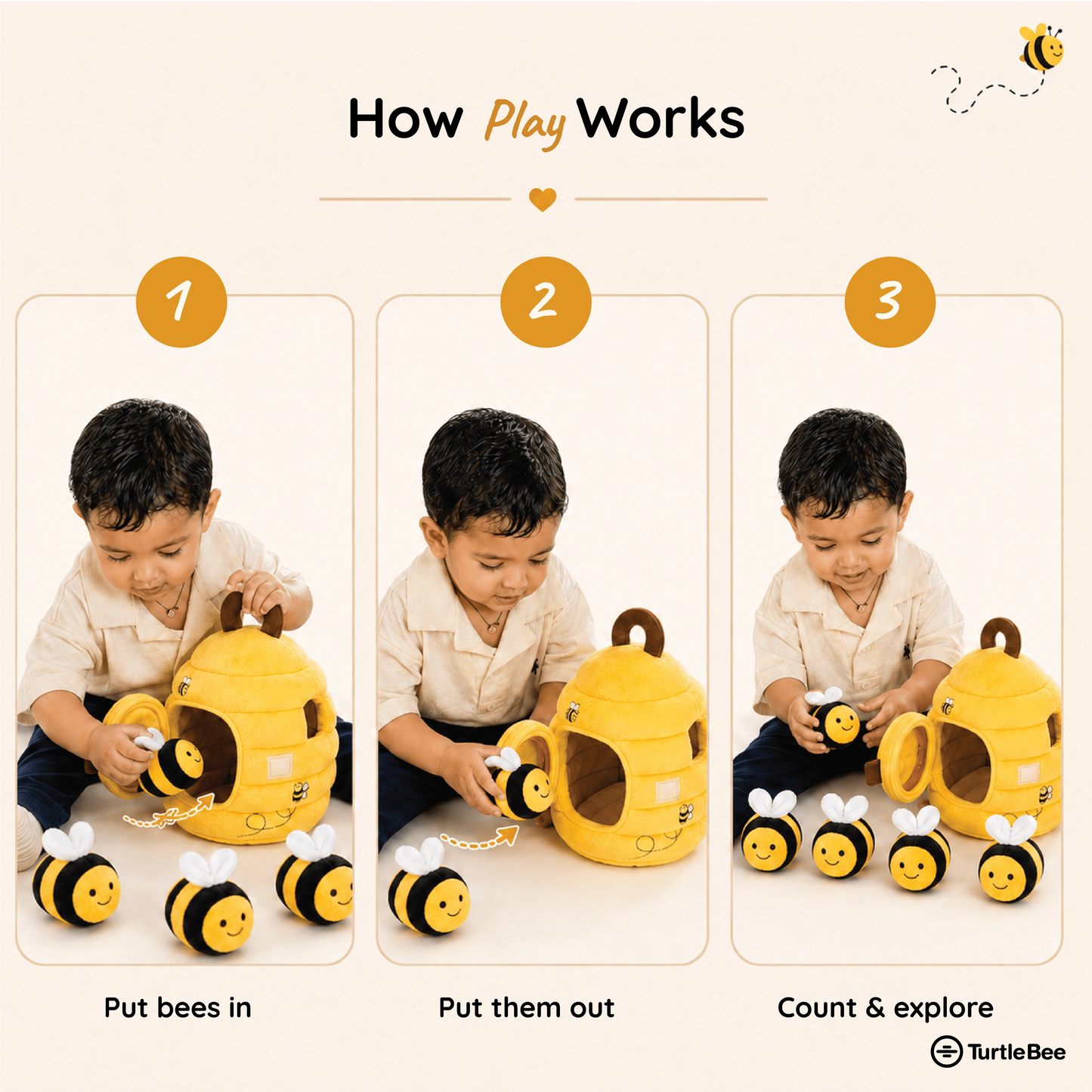 TurtleBee Hide-Seek Sensory Beehive plush toy, soft and cuddly stuffed animal for babies and toddlers, bee-shaped plush with vibrant colors.