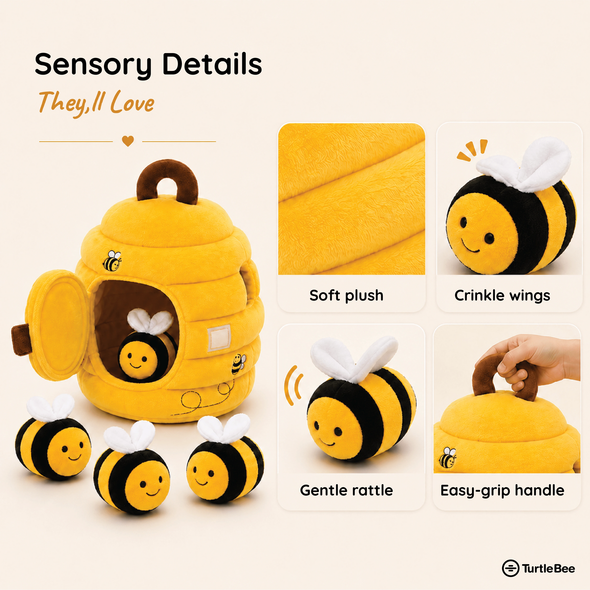 TurtleBee Hide-Seek Sensory Beehive plush toy with soft yellow and black plush fabric, designed for babies and toddlers.