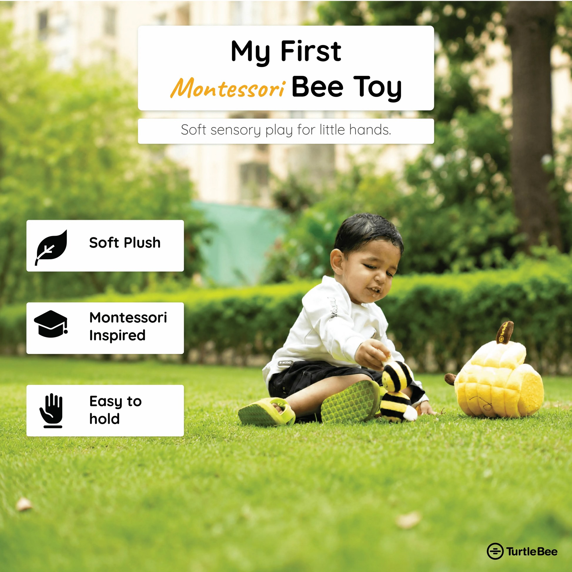 TurtleBee Hide-Seek Sensory Beehive plush toy for babies and toddlers, soft stuffed animal with textured and colorful detailing.