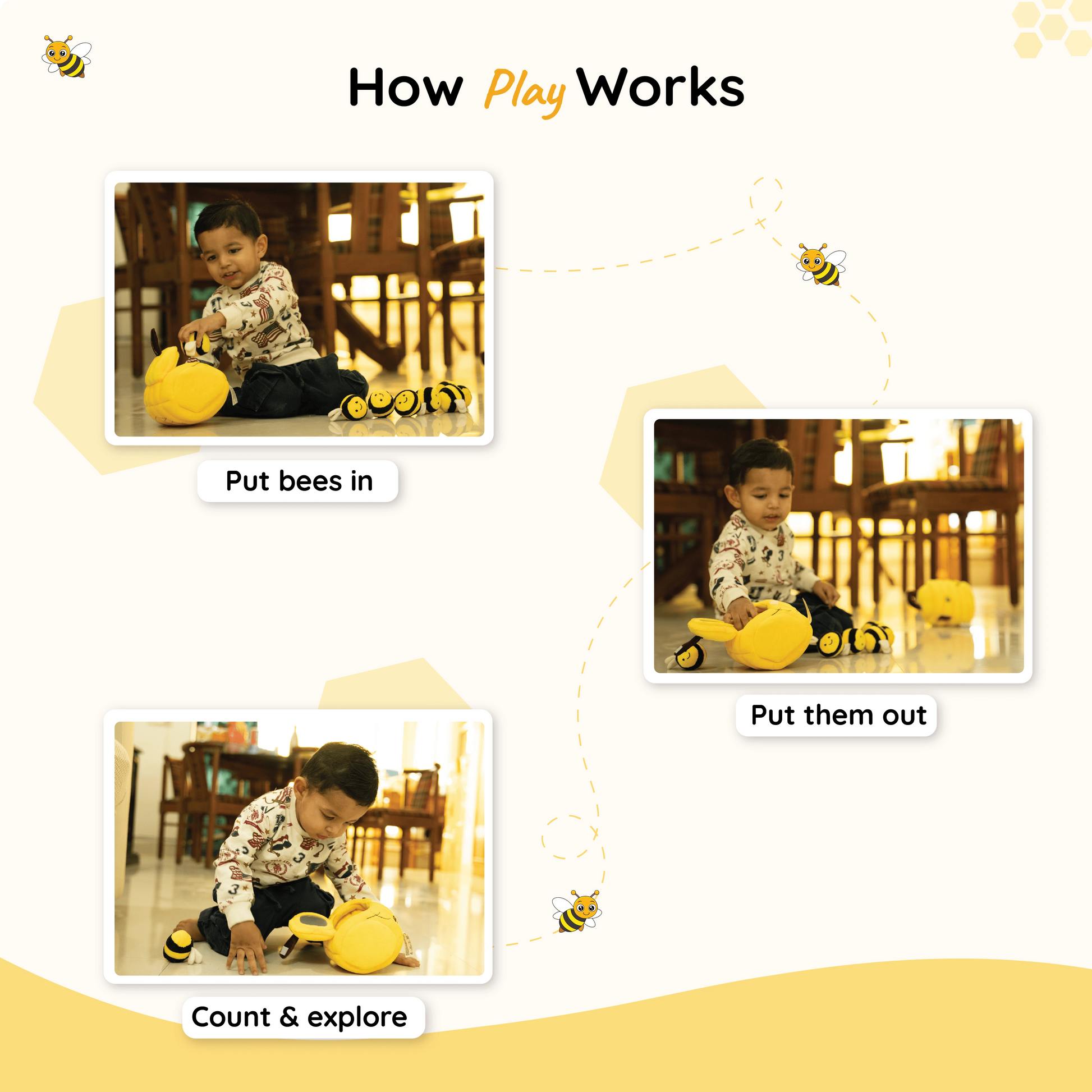 TurtleBee Hide-Seek Sensory Beehive plush toy, soft stuffed animal for babies and toddlers, with colorful, textured fabric.