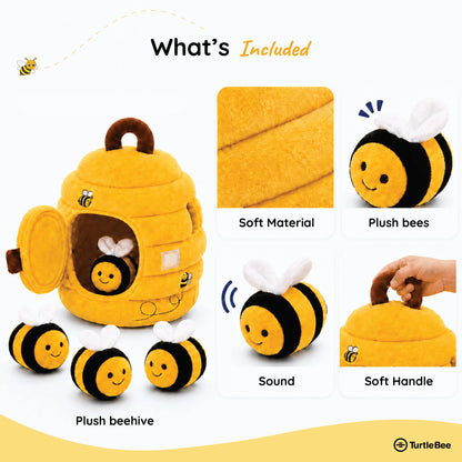 TurtleBee Hide-Seek Sensory Beehive plush toy for babies and toddlers, soft stuffed bee with sensory features and vibrant colors.
