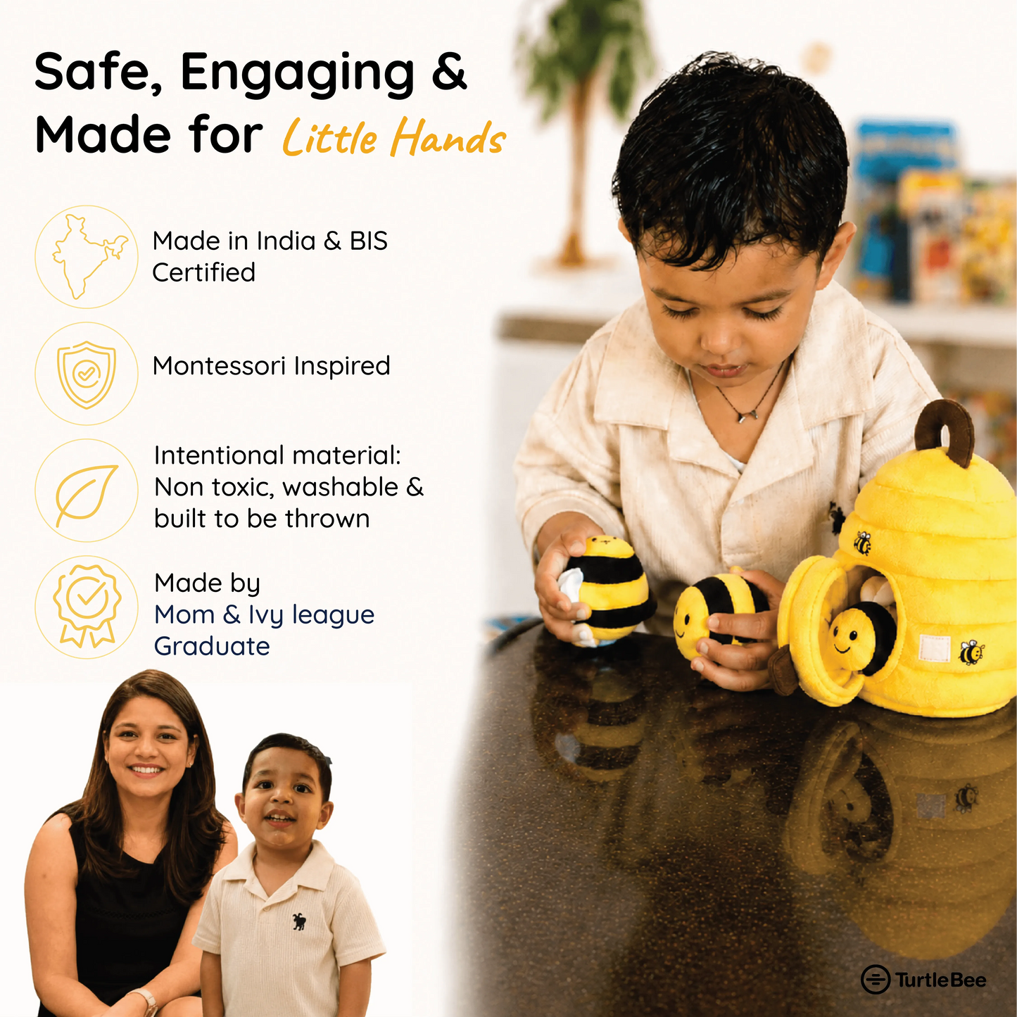 TurtleBee Hide-Seek Sensory Beehive plush toy for babies and toddlers, soft and cuddly stuffed animal with bee design.