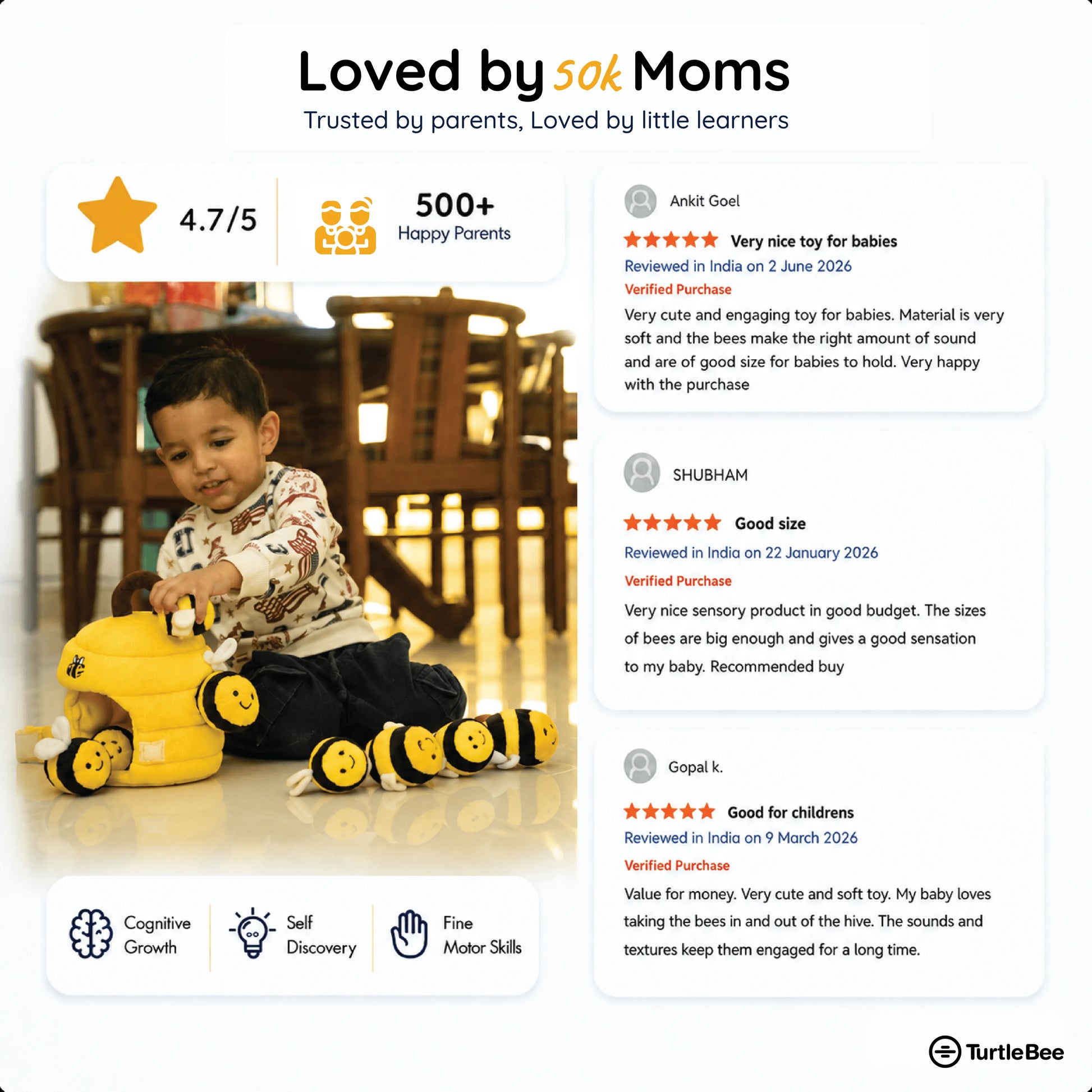 TurtleBee Hide-Seek Sensory Beehive plush toy, soft stuffed animal for babies and toddlers, with vibrant yellow and black bee design.