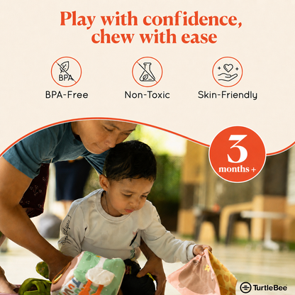 Soft sensory tissue box toy for babies by TurtleBee featuring colorful, textured fabric designed to stimulate tactile exploration.