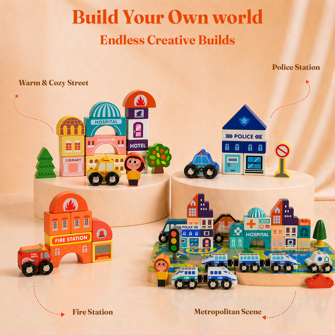 Wooden city building set for kids