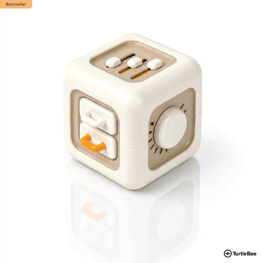 TurtleBee Life Skill Builder Cube Montessori toy, colorful busy cube with educational activities for children.