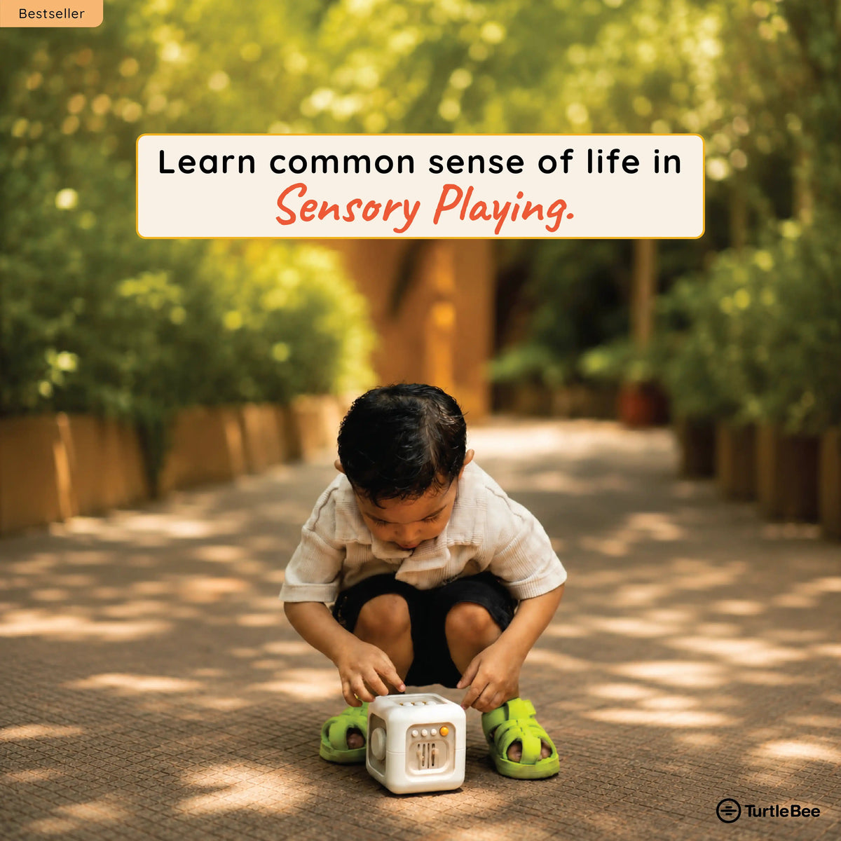 TurtleBee Life Skill Builder Cube Montessori busy cube with colorful shapes and activities for developing fine motor skills and problem-solving.