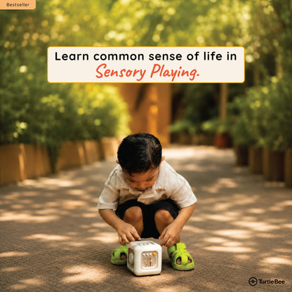 TurtleBee Life Skill Builder Cube Montessori busy cube with colorful shapes and activities for developing fine motor skills and problem-solving.