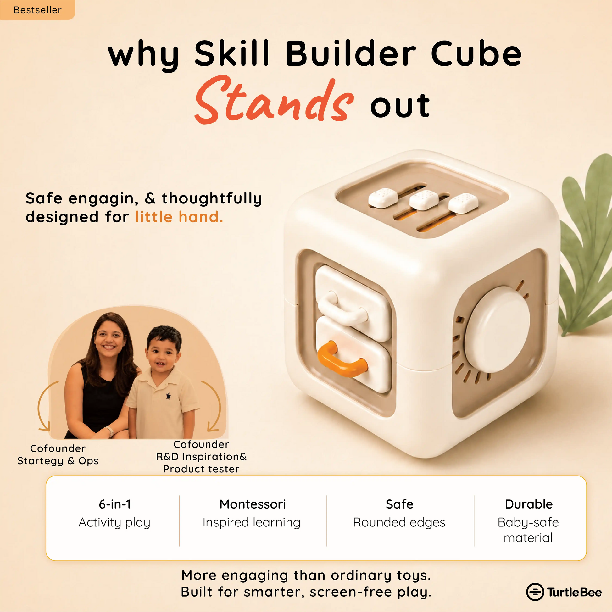 TurtleBee Life Skill Builder Cube Montessori busy cube with colorful buttons, gears, and shapes for developing fine motor skills and learning.