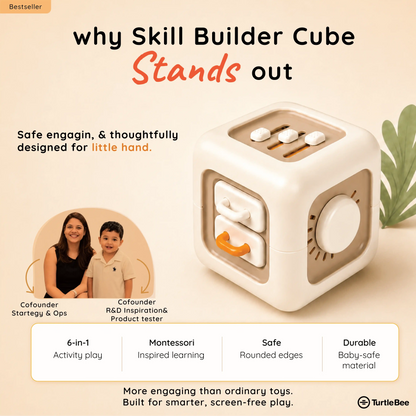 TurtleBee Life Skill Builder Cube Montessori busy cube with colorful buttons, gears, and shapes for developing fine motor skills and learning.